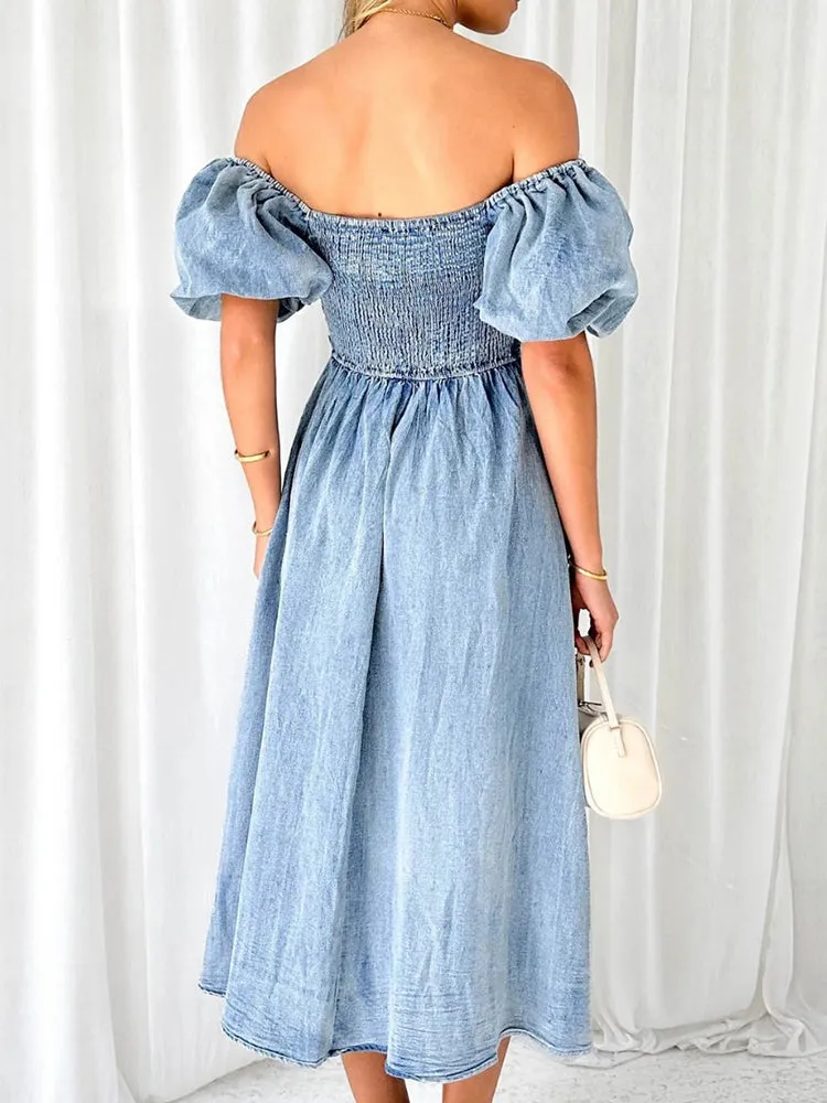 Deinm Off Shoulder Puff Sleeve Maxi Dress