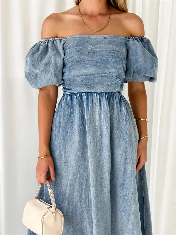 Deinm Off Shoulder Puff Sleeve Maxi Dress