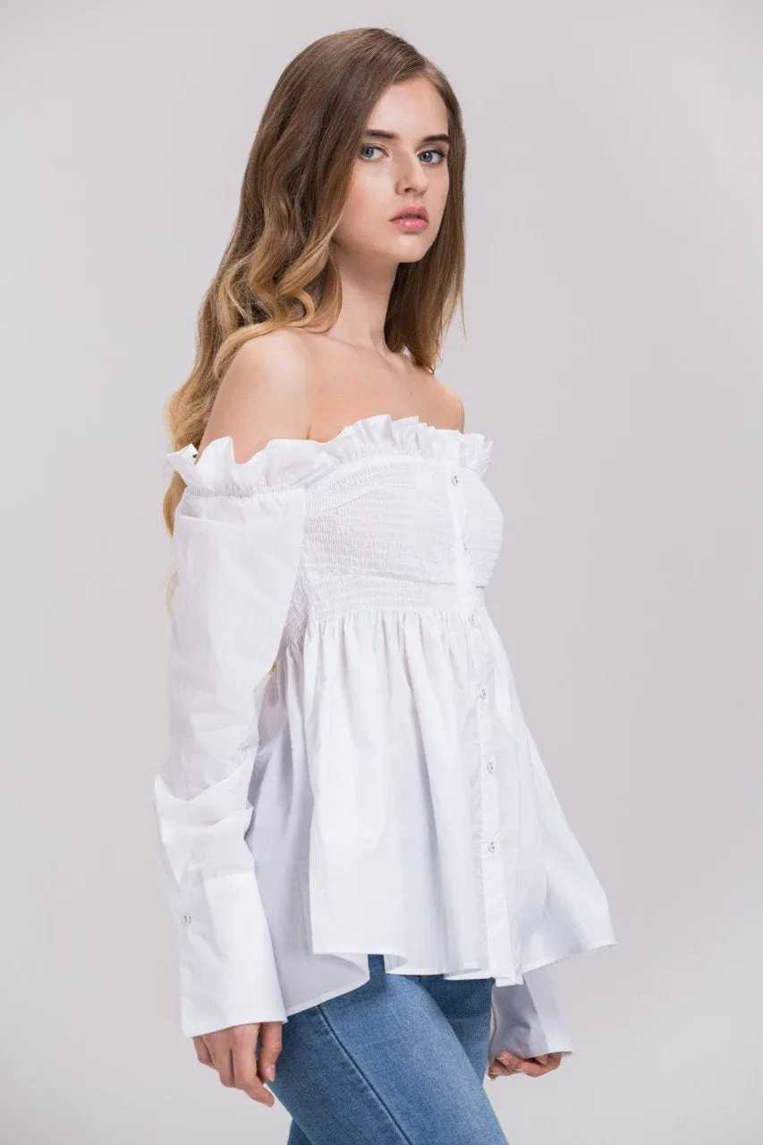 Dima Al Sheikhly - White Elastic Long Sleeves Button Up Off the Shoulder Top