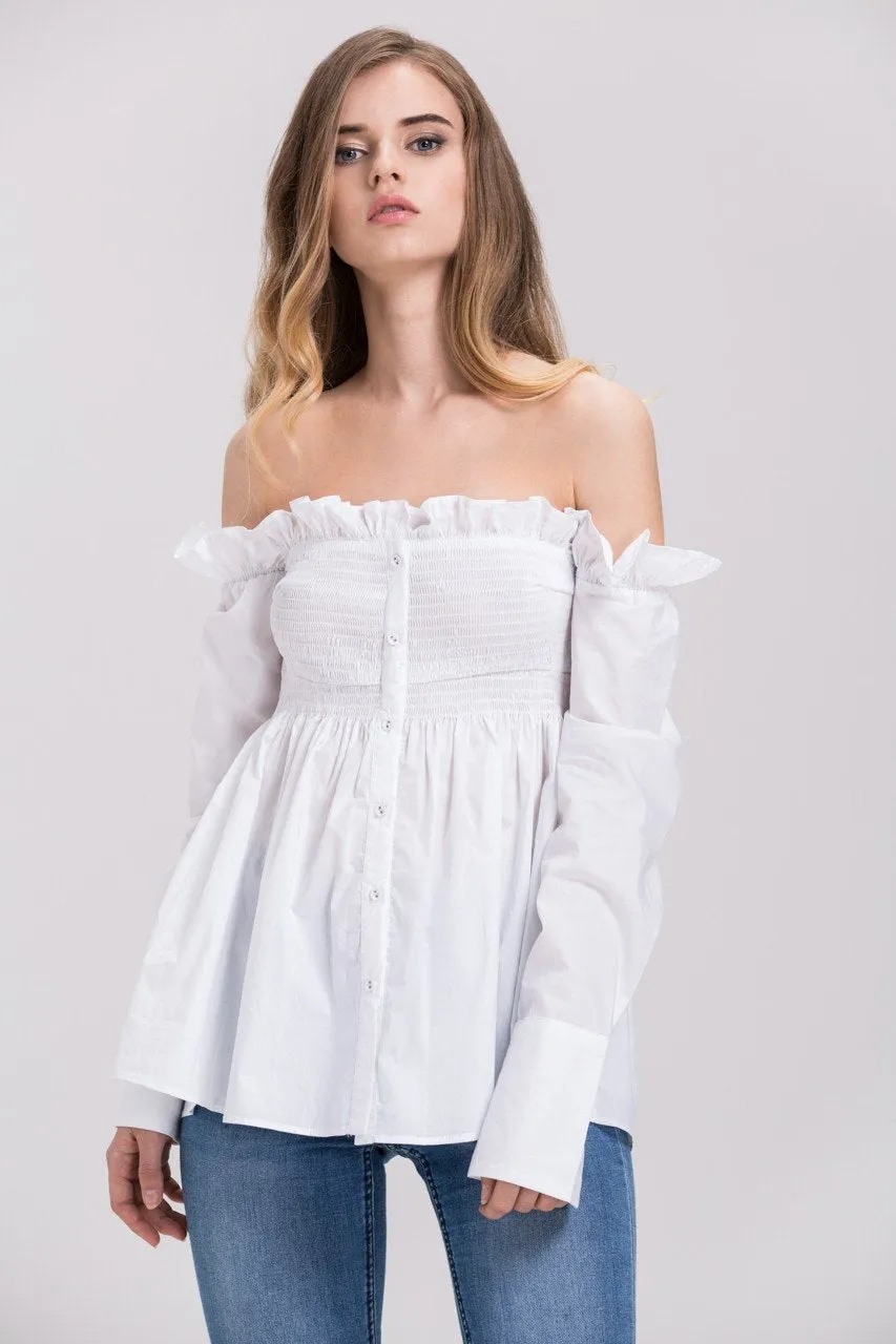 Dima Al Sheikhly - White Elastic Long Sleeves Button Up Off the Shoulder Top