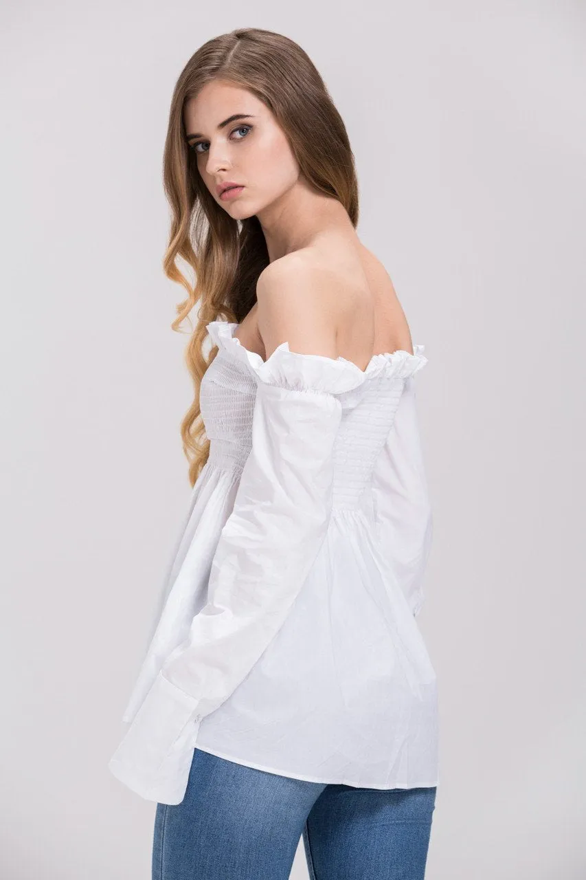 Dima Al Sheikhly - White Elastic Long Sleeves Button Up Off the Shoulder Top