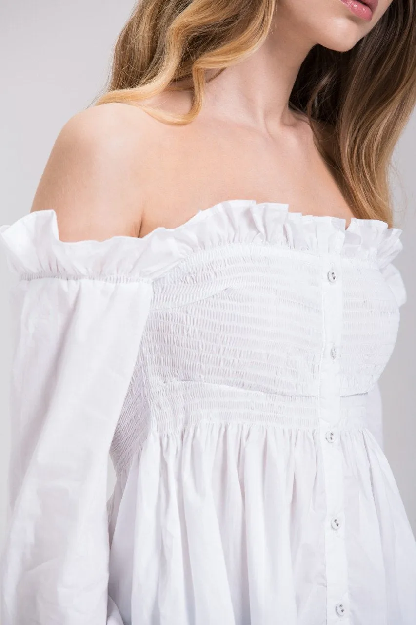 Dima Al Sheikhly - White Elastic Long Sleeves Button Up Off the Shoulder Top