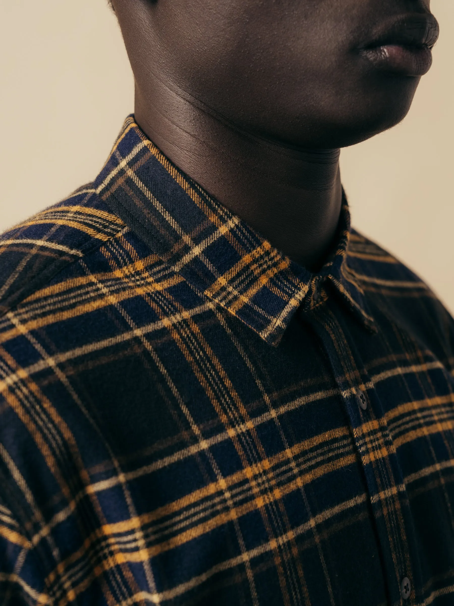Dirleton Shirt In Navy / Saffron Check Japanese Brushed Plaid