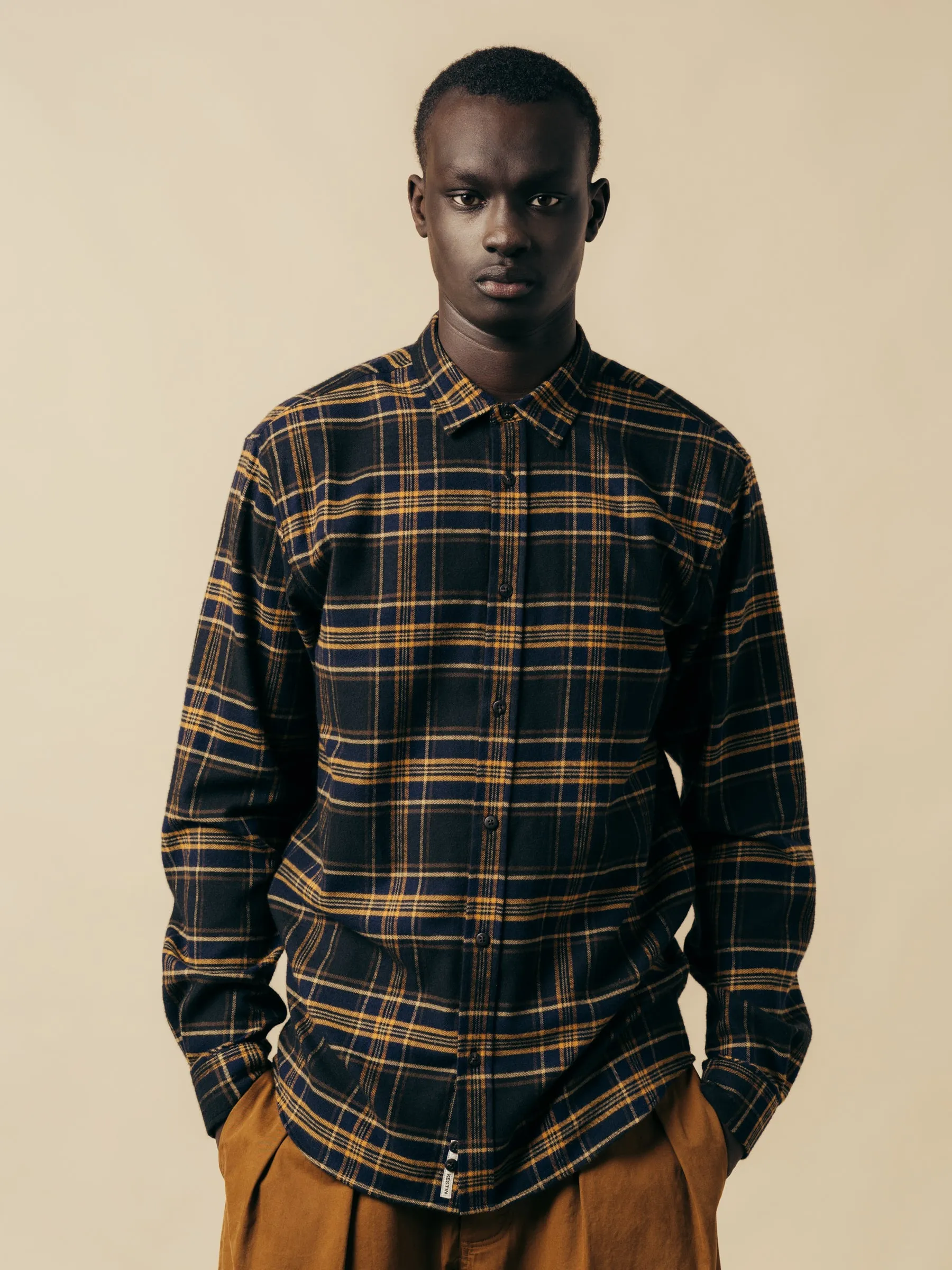 Dirleton Shirt In Navy / Saffron Check Japanese Brushed Plaid