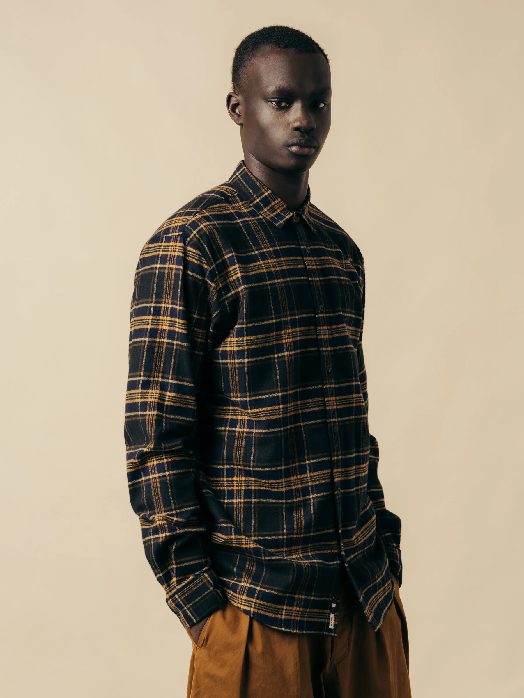 Dirleton Shirt In Navy / Saffron Check Japanese Brushed Plaid
