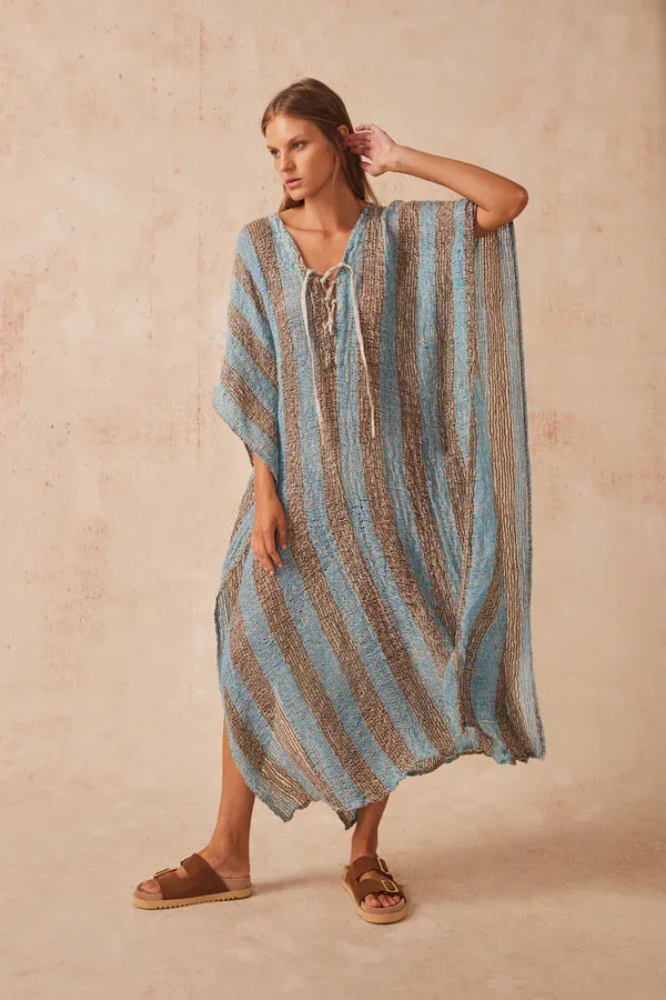 Stylish Emporio Saya Kaftan Dress in Rich Lecce Blue and Chocolate Tones