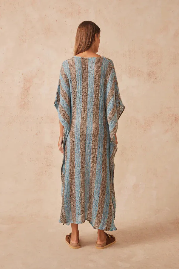 Stylish Emporio Saya Kaftan Dress in Rich Lecce Blue and Chocolate Tones