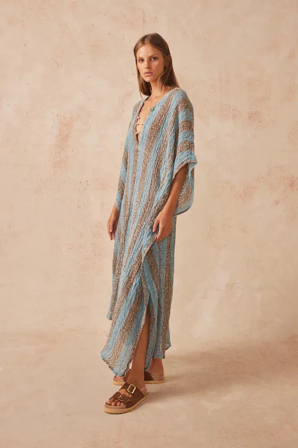 Stylish Emporio Saya Kaftan Dress in Rich Lecce Blue and Chocolate Tones