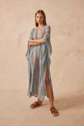 Stylish Emporio Saya Kaftan Dress in Rich Lecce Blue and Chocolate Tones