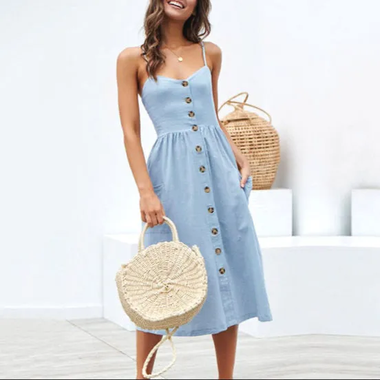 Fashion Sling Button Backless Dress