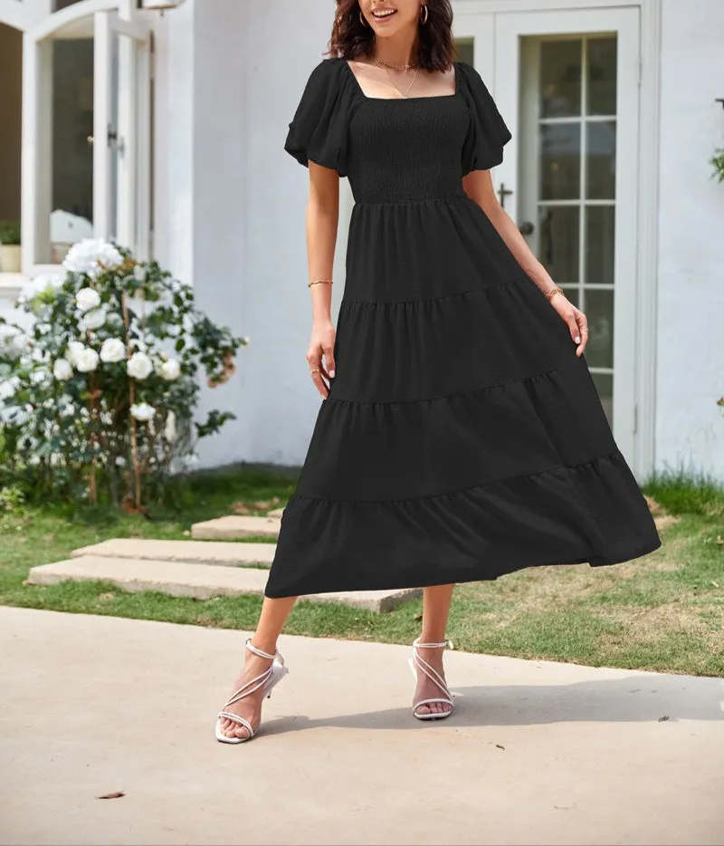 Fashion Square Collar Puff Sleeve Dress
