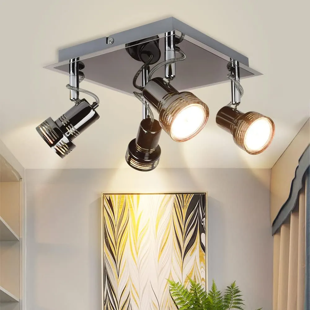 Flush Mount Industrial Track Lighting Fixture, 4-Light Square Ceiling Spot Lights, Modern Directional LED Ceiling Light