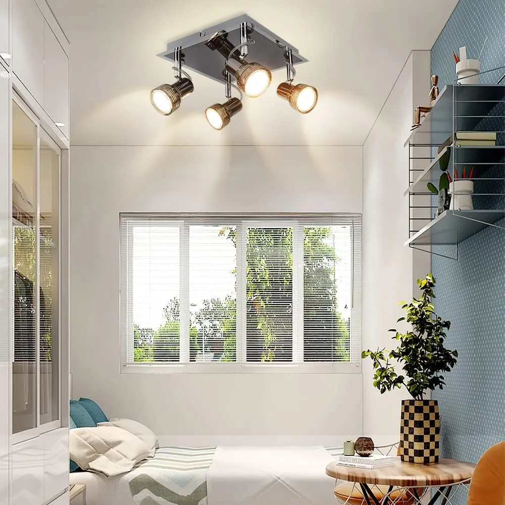 Flush Mount Industrial Track Lighting Fixture, 4-Light Square Ceiling Spot Lights, Modern Directional LED Ceiling Light