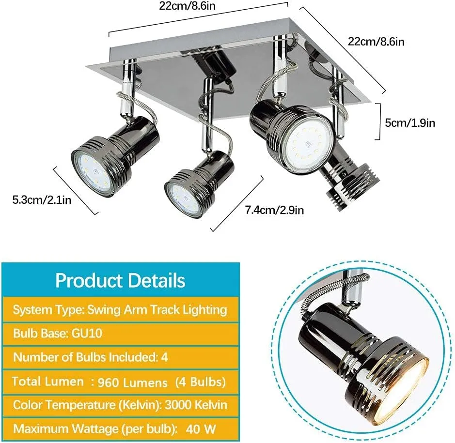 Flush Mount Industrial Track Lighting Fixture, 4-Light Square Ceiling Spot Lights, Modern Directional LED Ceiling Light