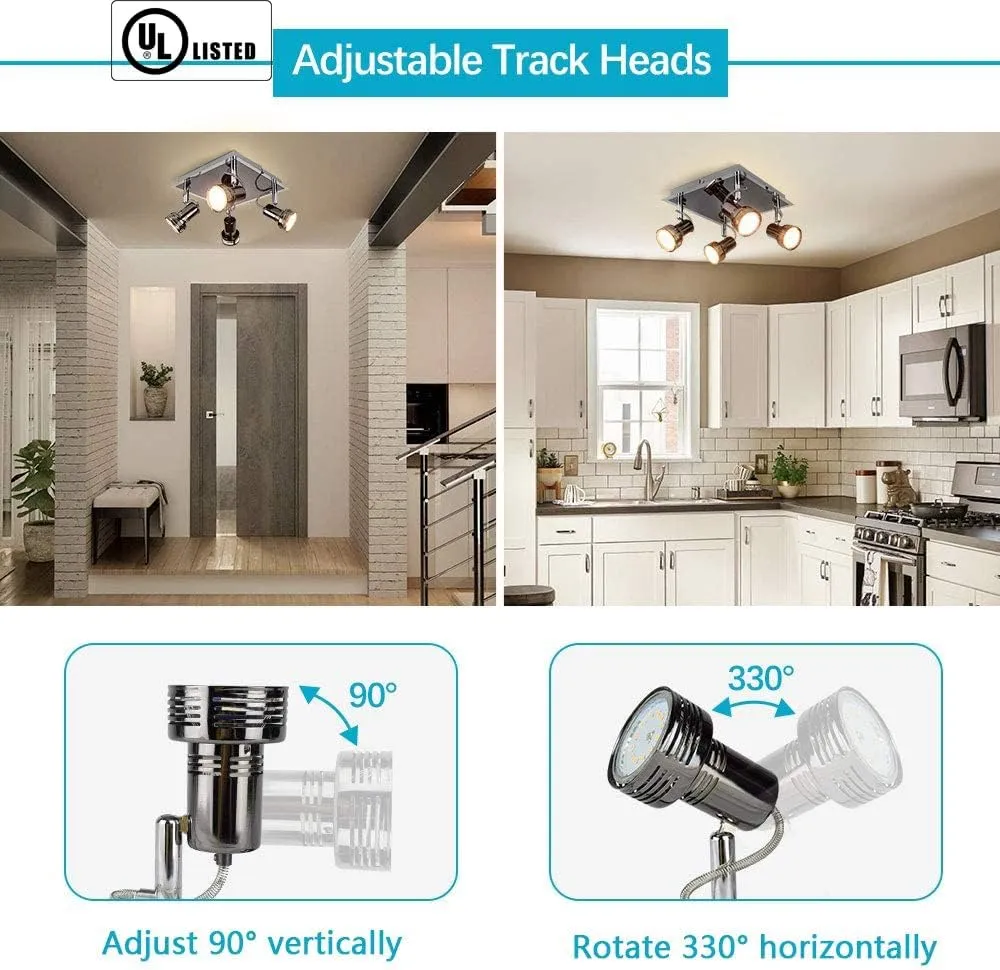 Flush Mount Industrial Track Lighting Fixture, 4-Light Square Ceiling Spot Lights, Modern Directional LED Ceiling Light
