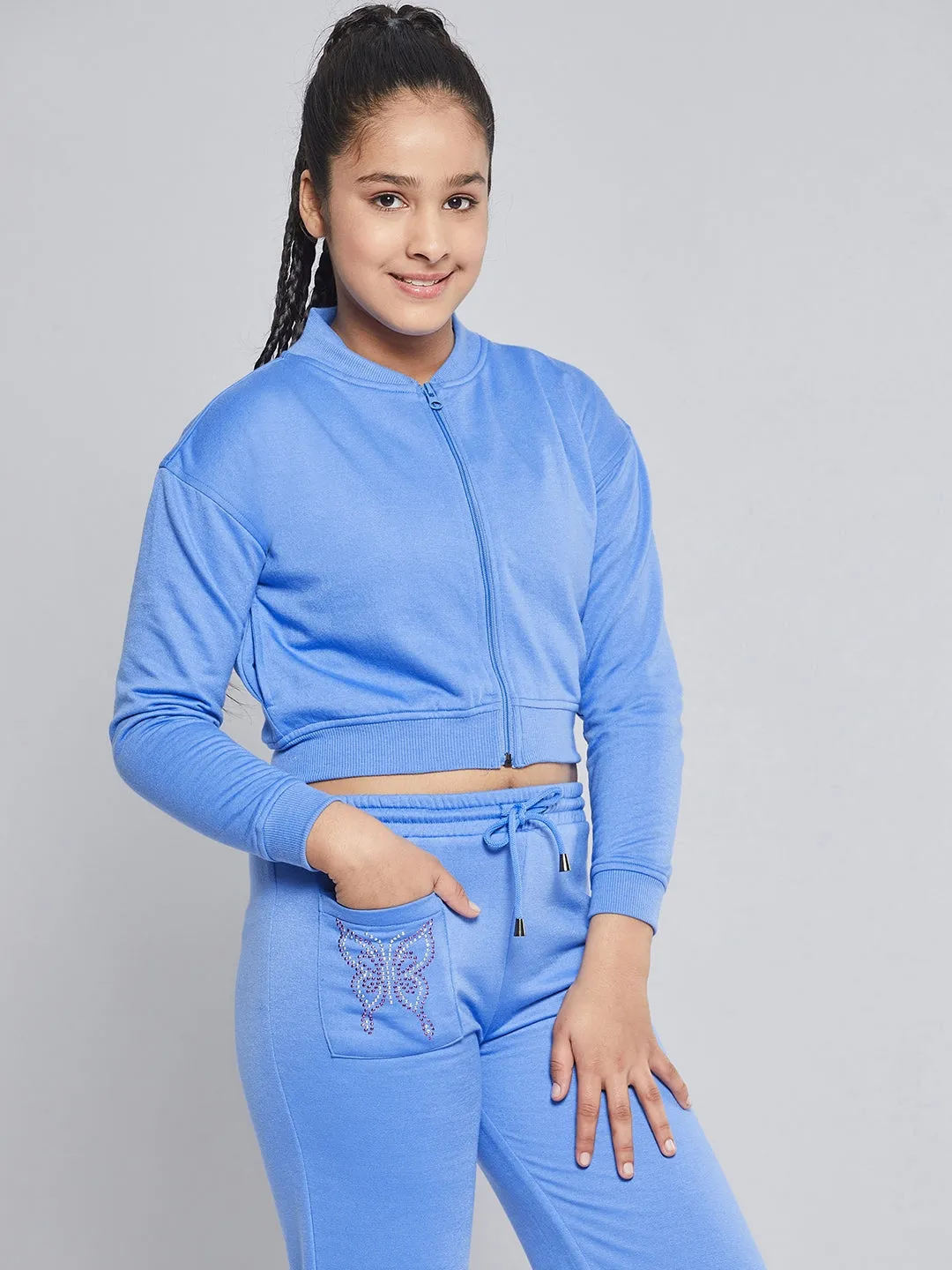Girls Blue Fleece Flamingo Bomber Jacket
