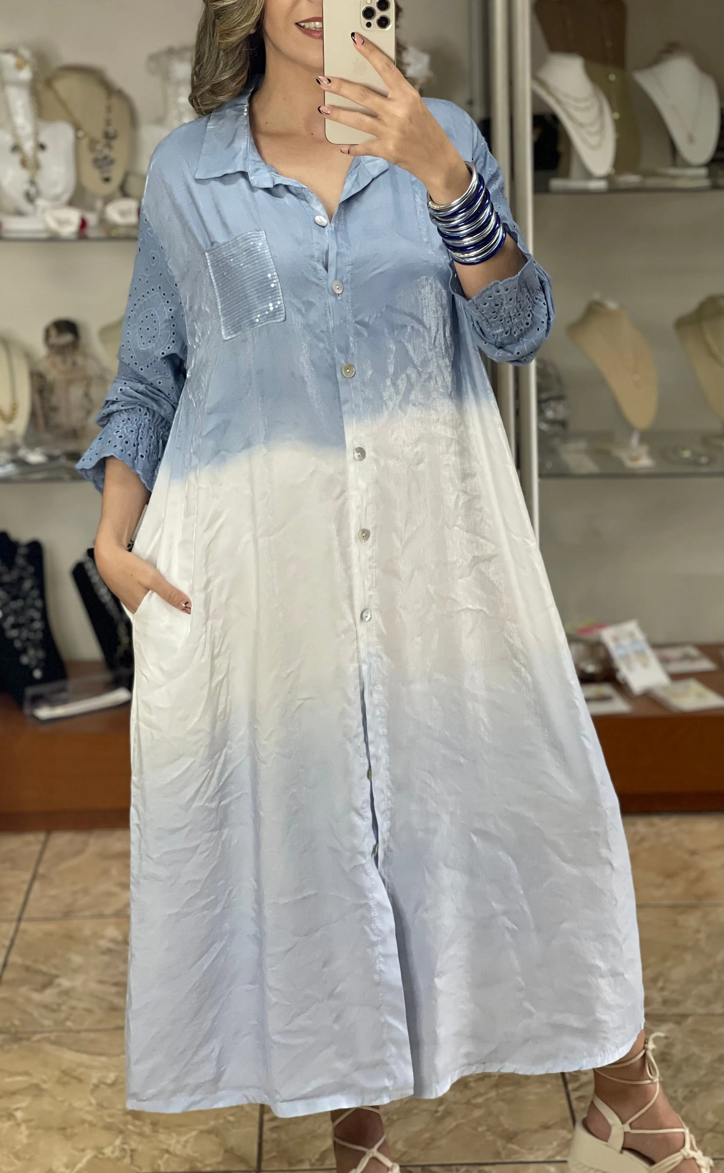 Gradient Eyelet Sleeves OS Maxi Dress