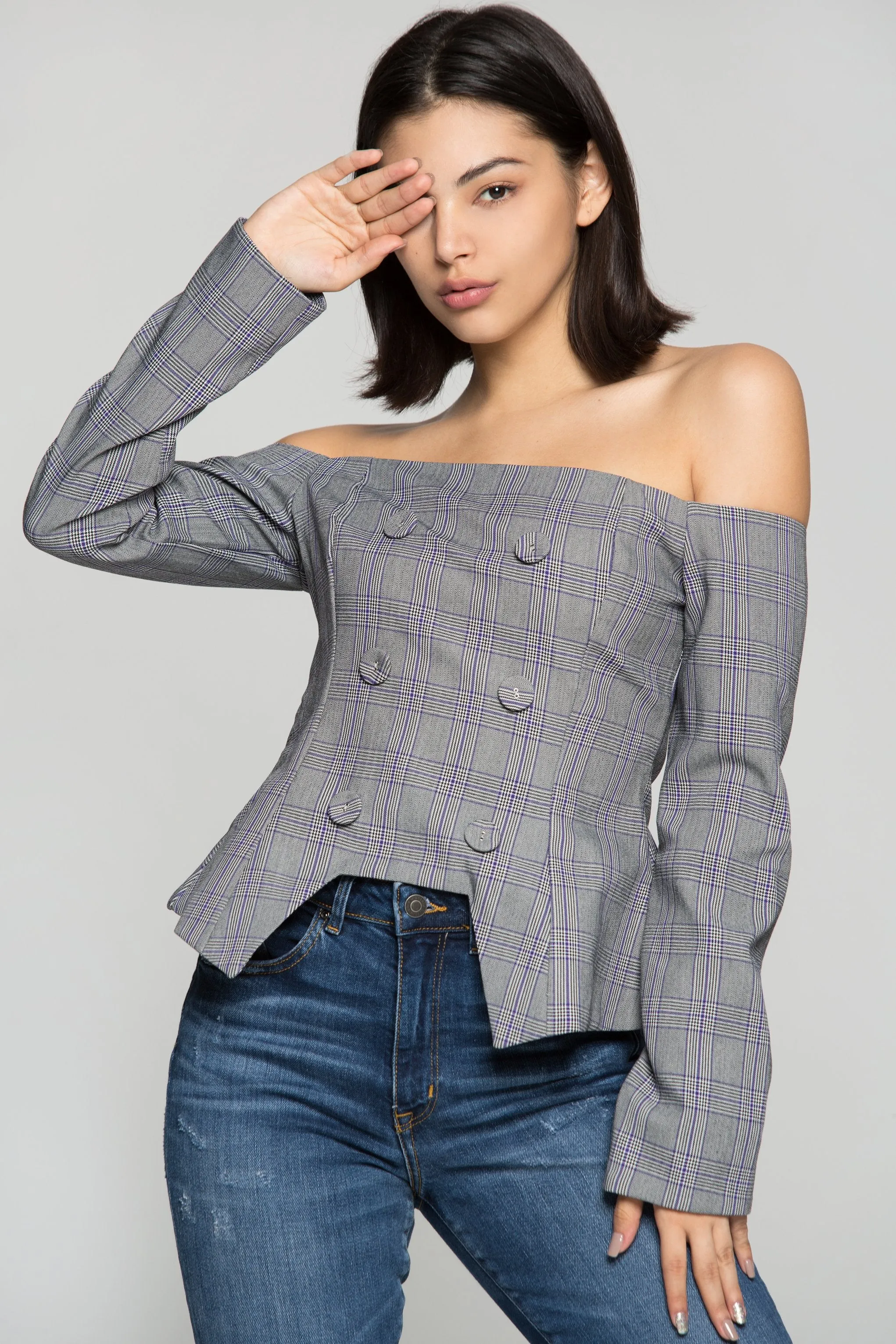 Grey Glen Check Off The Shoulder Top