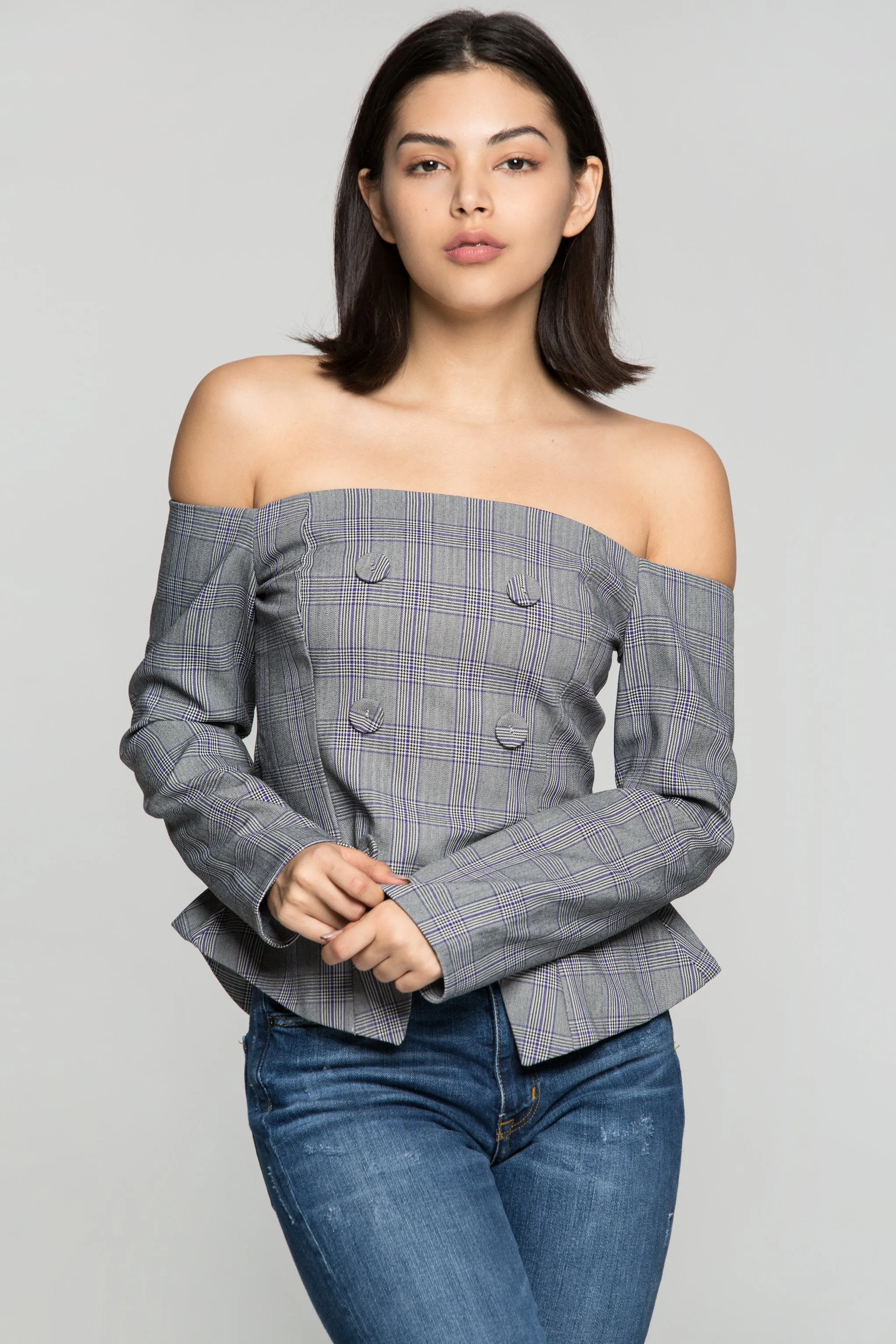 Grey Glen Check Off The Shoulder Top