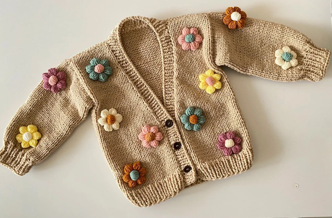 Handmade Baby Daisy Cardigan Flowers - Beige