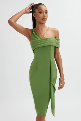 HANNAH Pleated Asymmetric Off Shoulder Midi Dress In Green