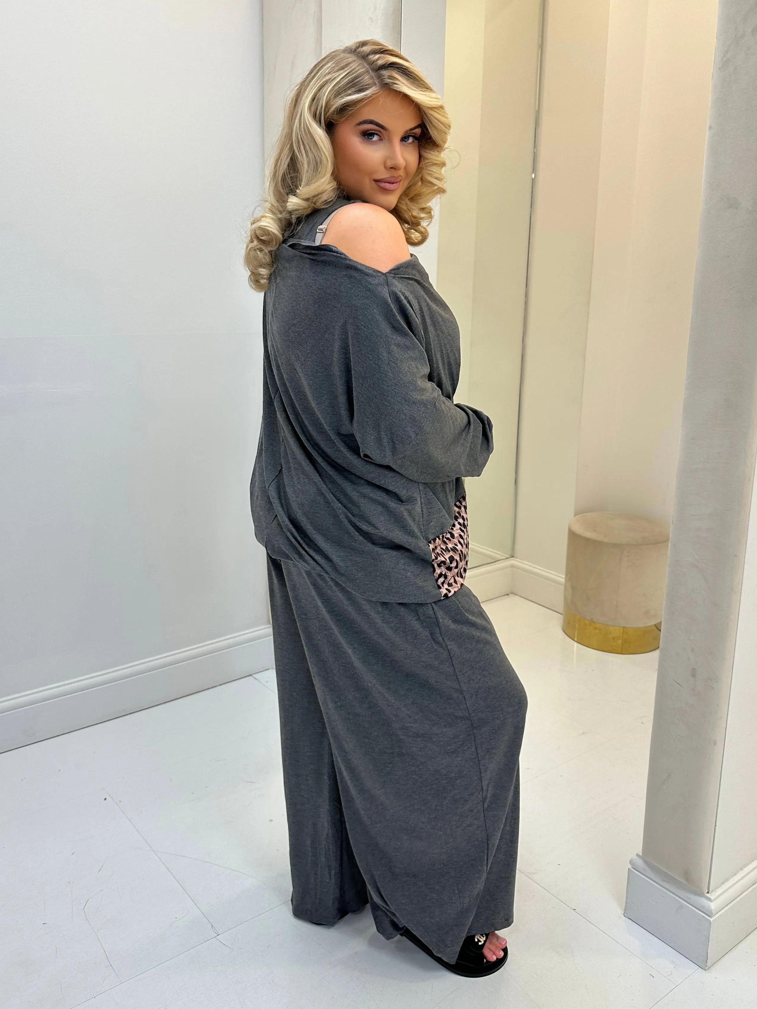 Hollyanna Curve Grey Leopard Print Cowl Neck Jersey Drawstring Co-Ord