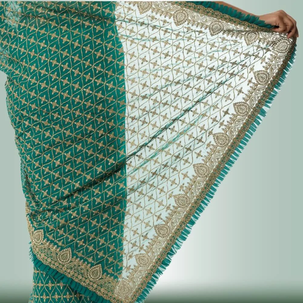 Indian Sari with Gold Embroidery - Green