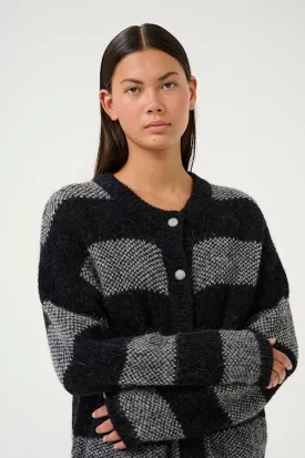 Karen By Simonsen Striped Rullja Cardigan in Black and Grey - Stylish and Comfortable Layering Piece