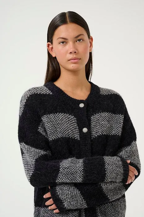 Karen By Simonsen Striped Rullja Cardigan in Black and Grey - Stylish and Comfortable Layering Piece