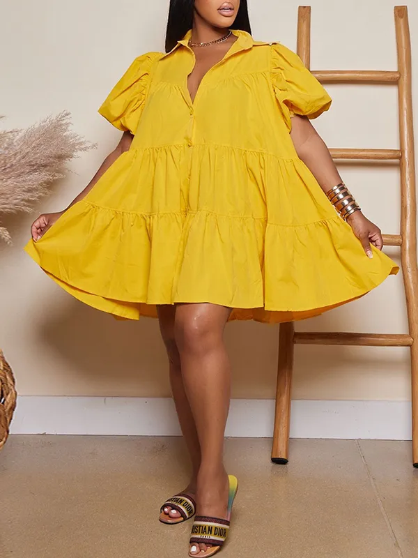 Lapel Neck Puff Sleeve Dress