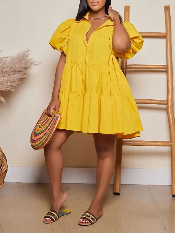 Lapel Neck Puff Sleeve Dress