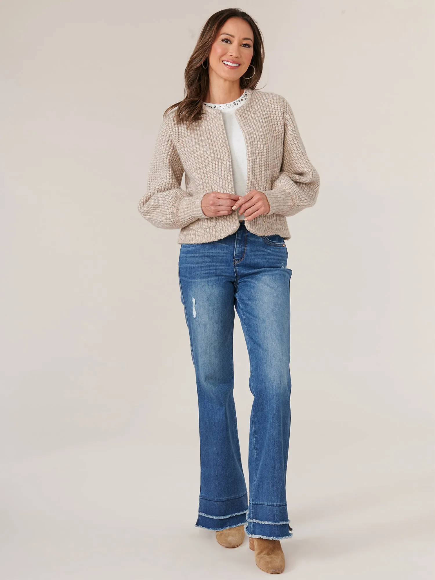 Long Blouson Sleeve Open Front Patch Pocket Sweater Cardigan