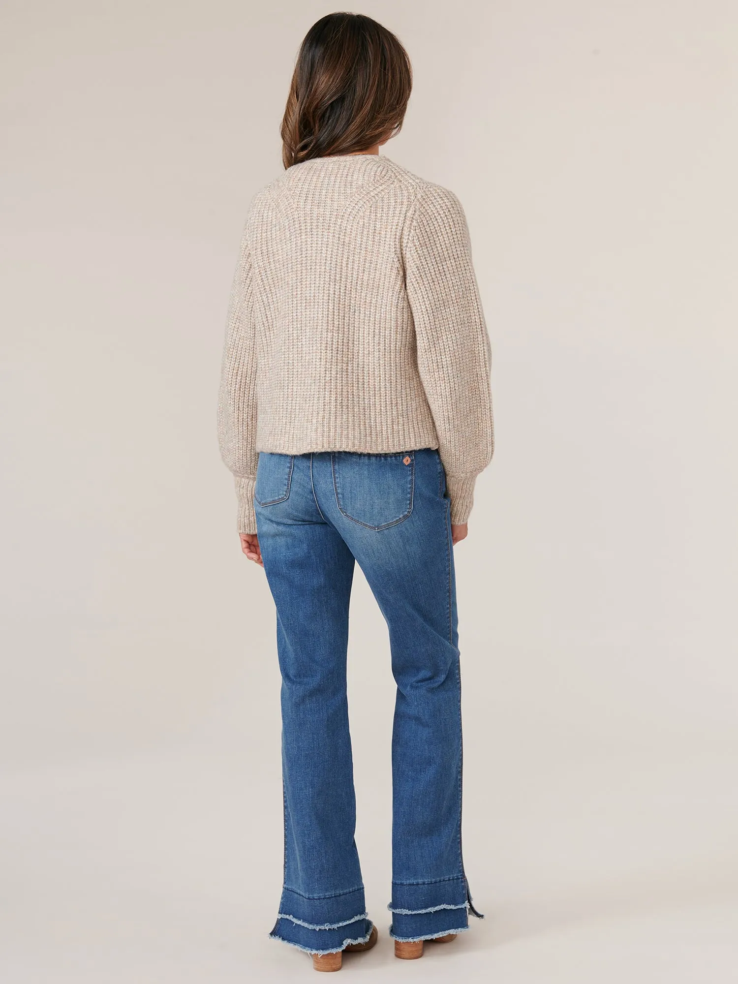 Long Blouson Sleeve Open Front Patch Pocket Sweater Cardigan