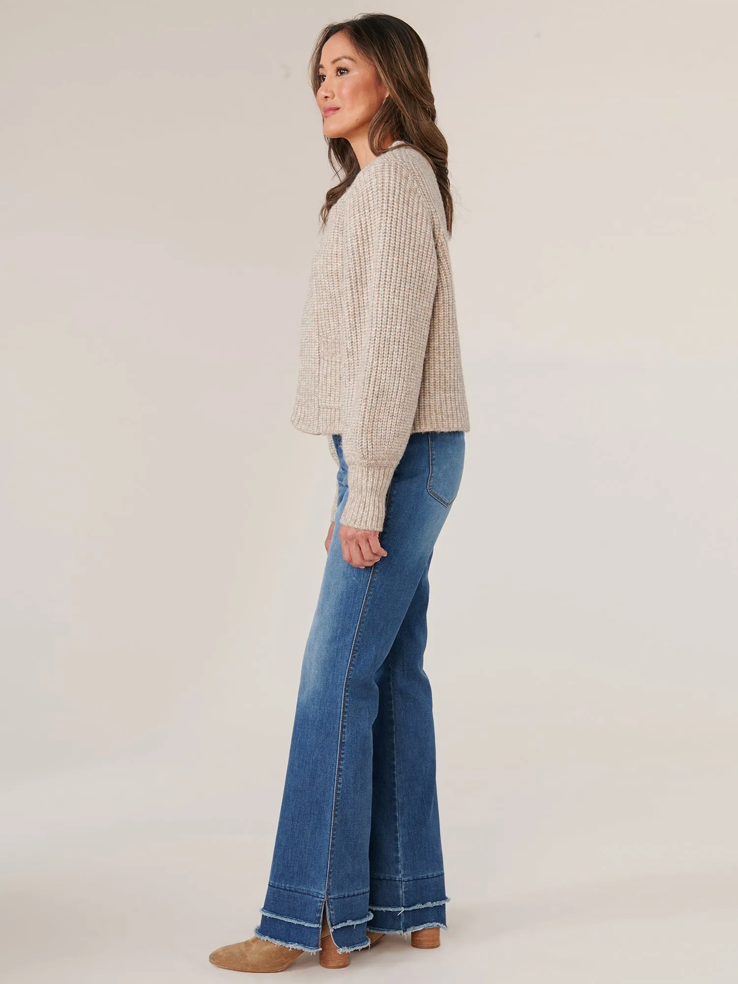 Long Blouson Sleeve Open Front Patch Pocket Sweater Cardigan