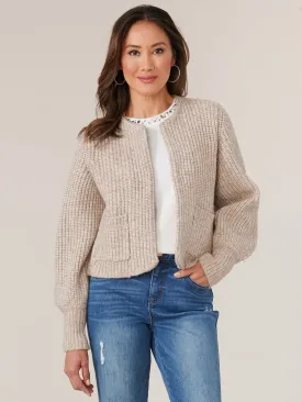 Long Blouson Sleeve Open Front Patch Pocket Sweater Cardigan