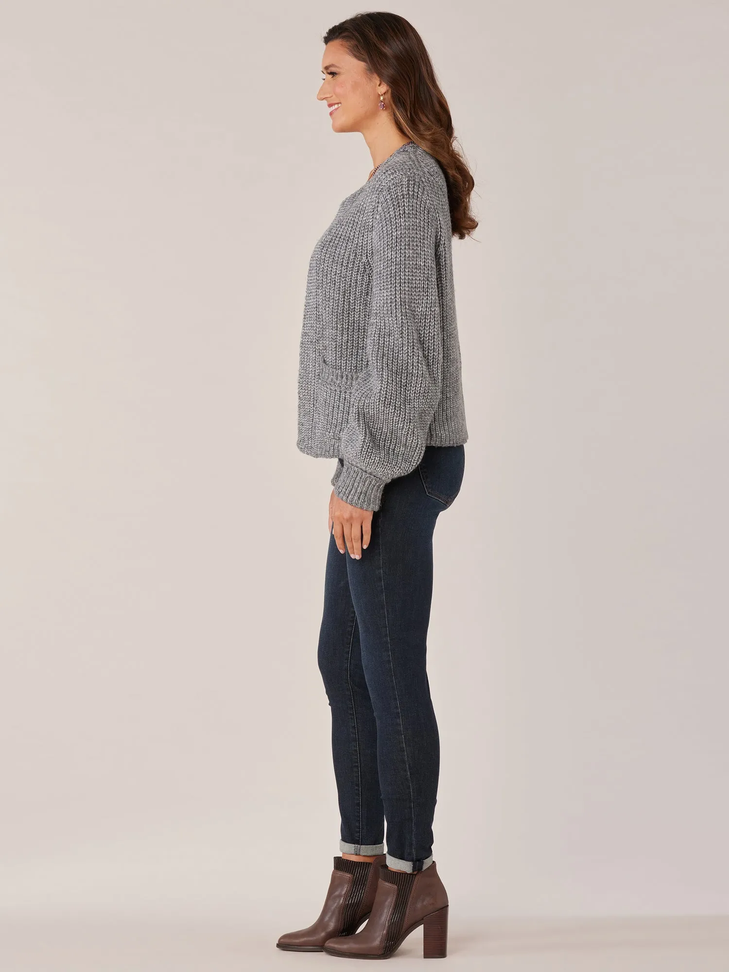 Long Blouson Sleeve Open Front Patch Pocket Sweater Cardigan