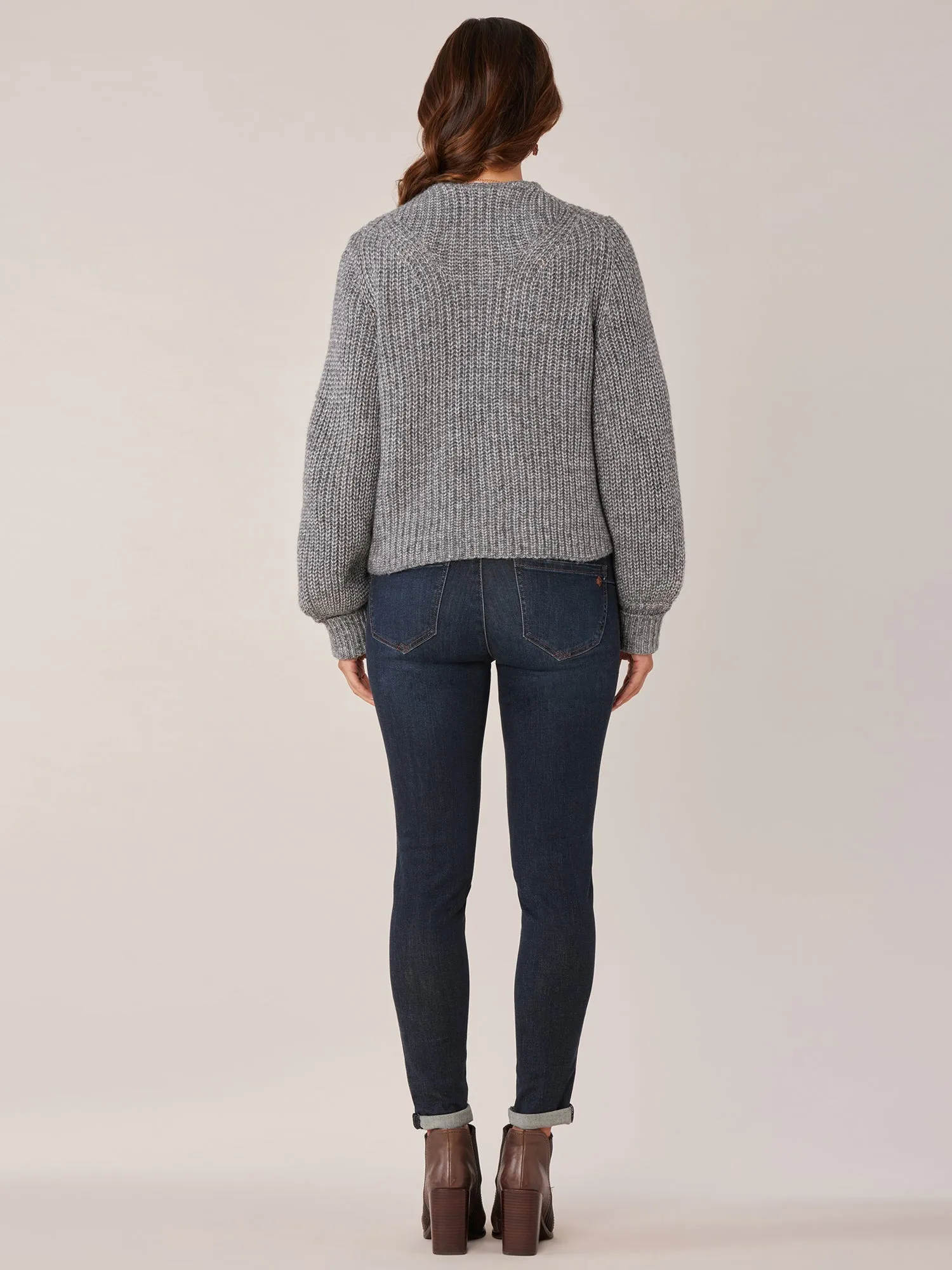 Long Blouson Sleeve Open Front Patch Pocket Sweater Cardigan