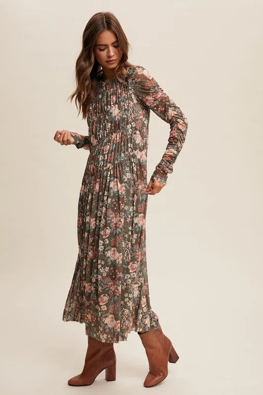 MESH DIAGONALLY RUCHED FLORAL DRESS