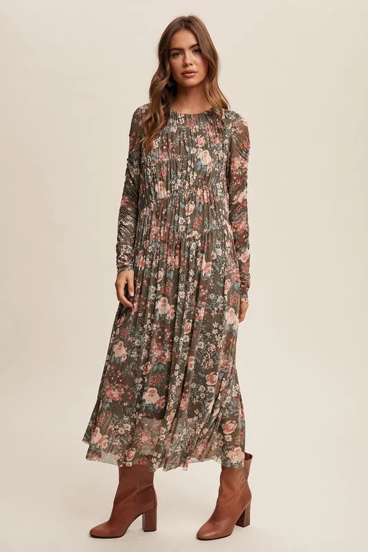 MESH DIAGONALLY RUCHED FLORAL DRESS