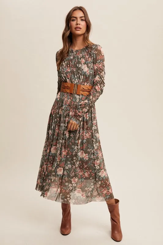 MESH DIAGONALLY RUCHED FLORAL DRESS