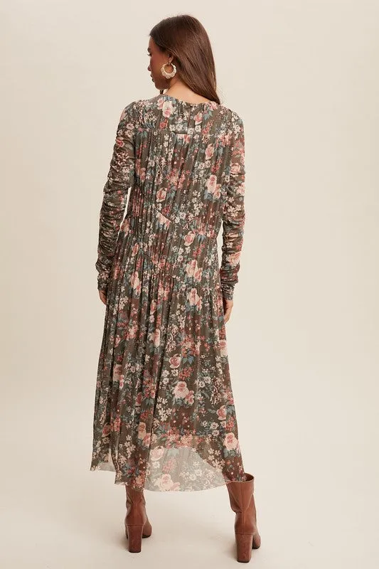 MESH DIAGONALLY RUCHED FLORAL DRESS