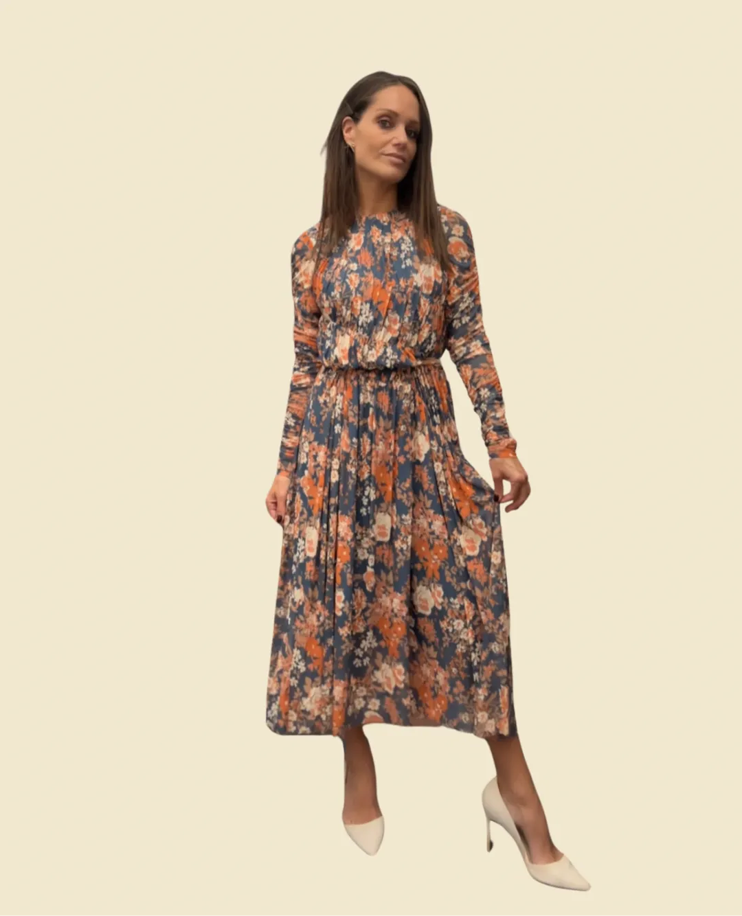 MESH DIAGONALLY RUCHED FLORAL DRESS