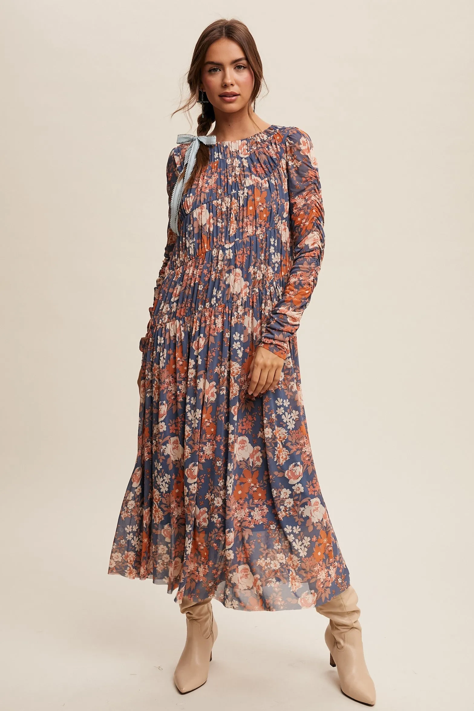 MESH DIAGONALLY RUCHED FLORAL DRESS