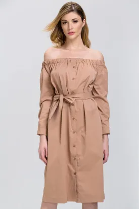 Mocha Sleeved Off the Shoulder Button Down Midi Dress