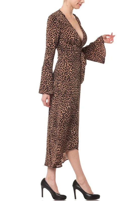 Olivaceous Cheetah Wrap Midi Dress
