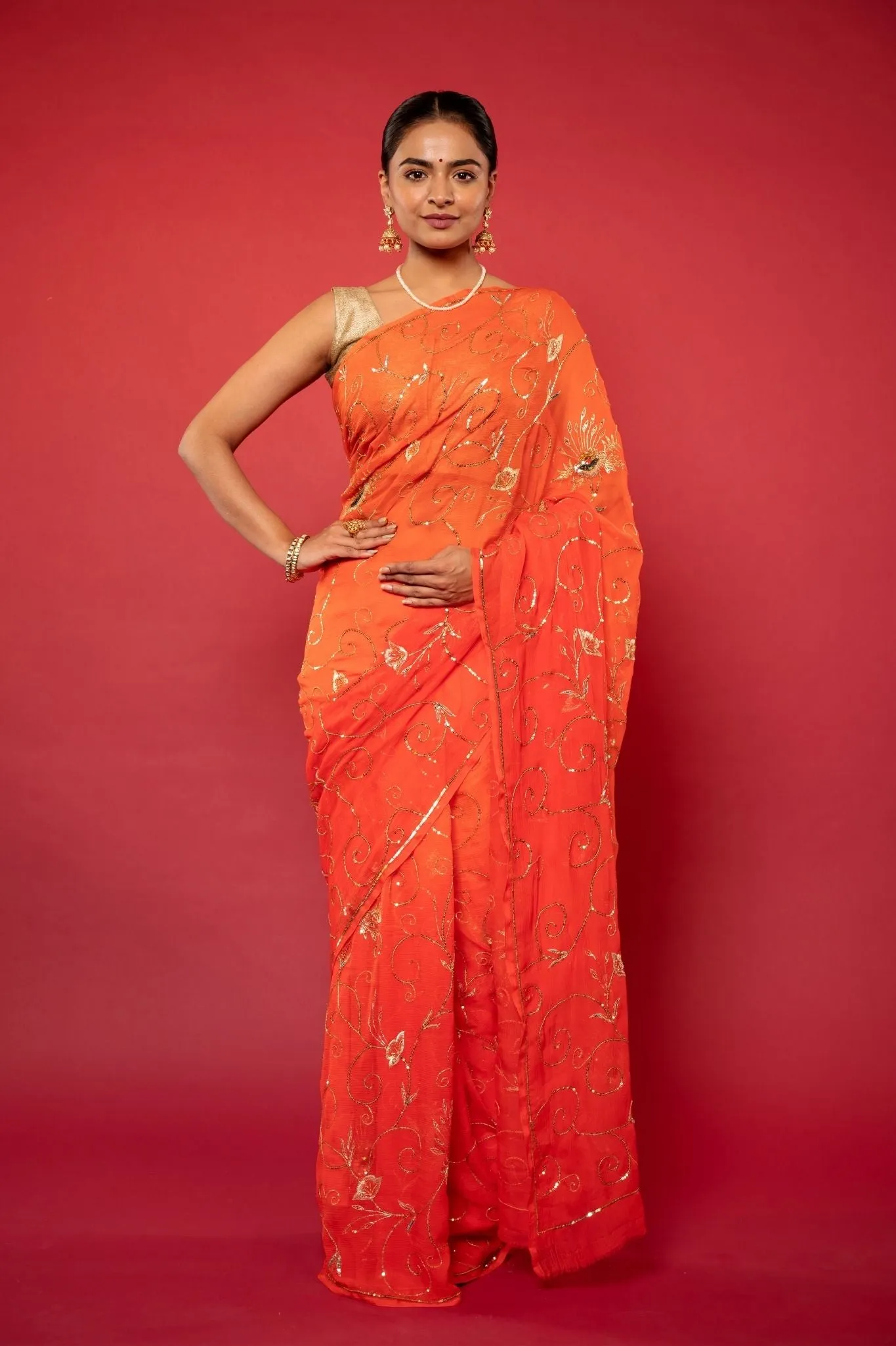 Orange Pure Chiffon Saree