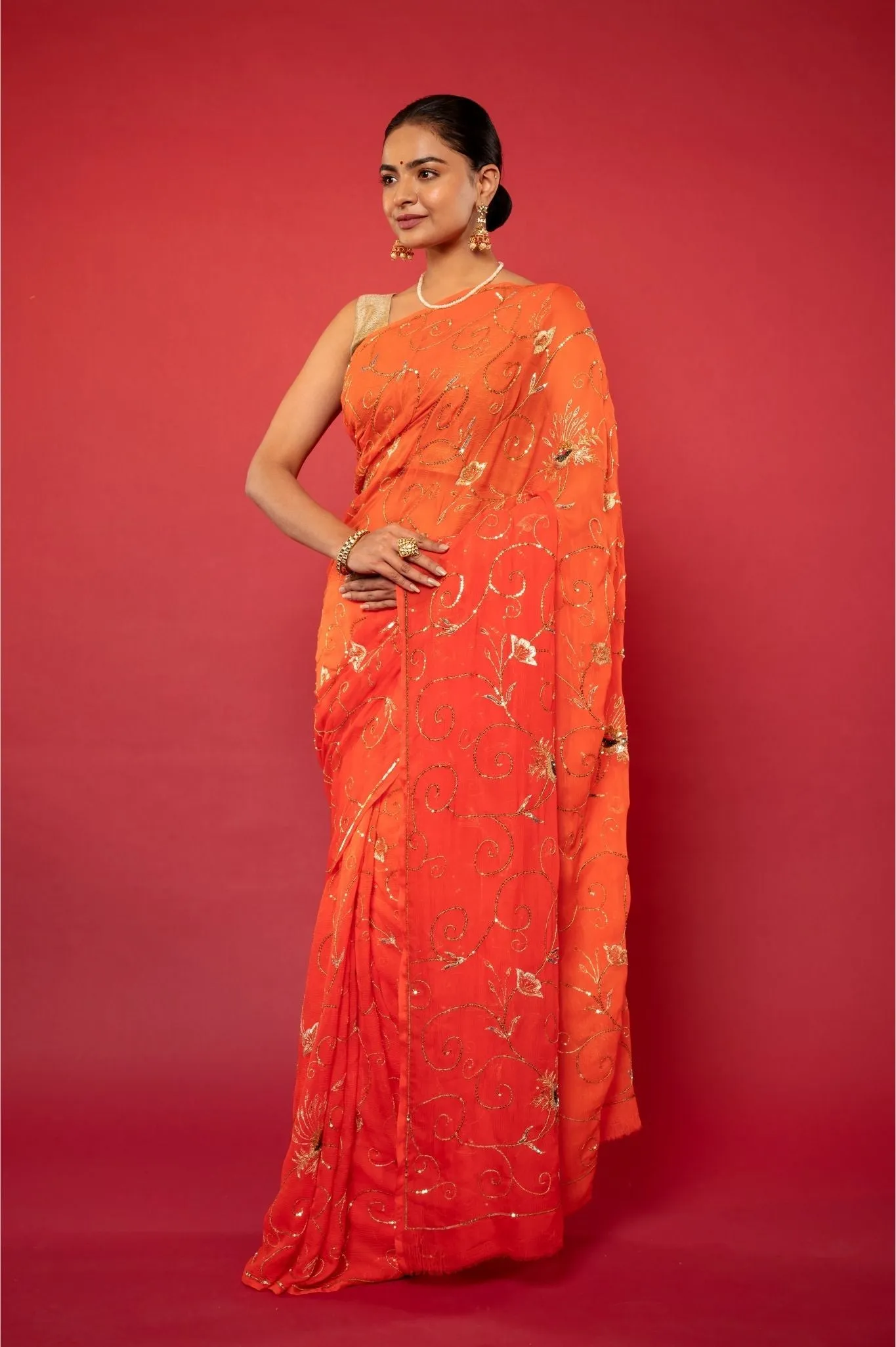 Orange Pure Chiffon Saree