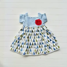 Pansy Dress in Triangle Trees White & Green Linen