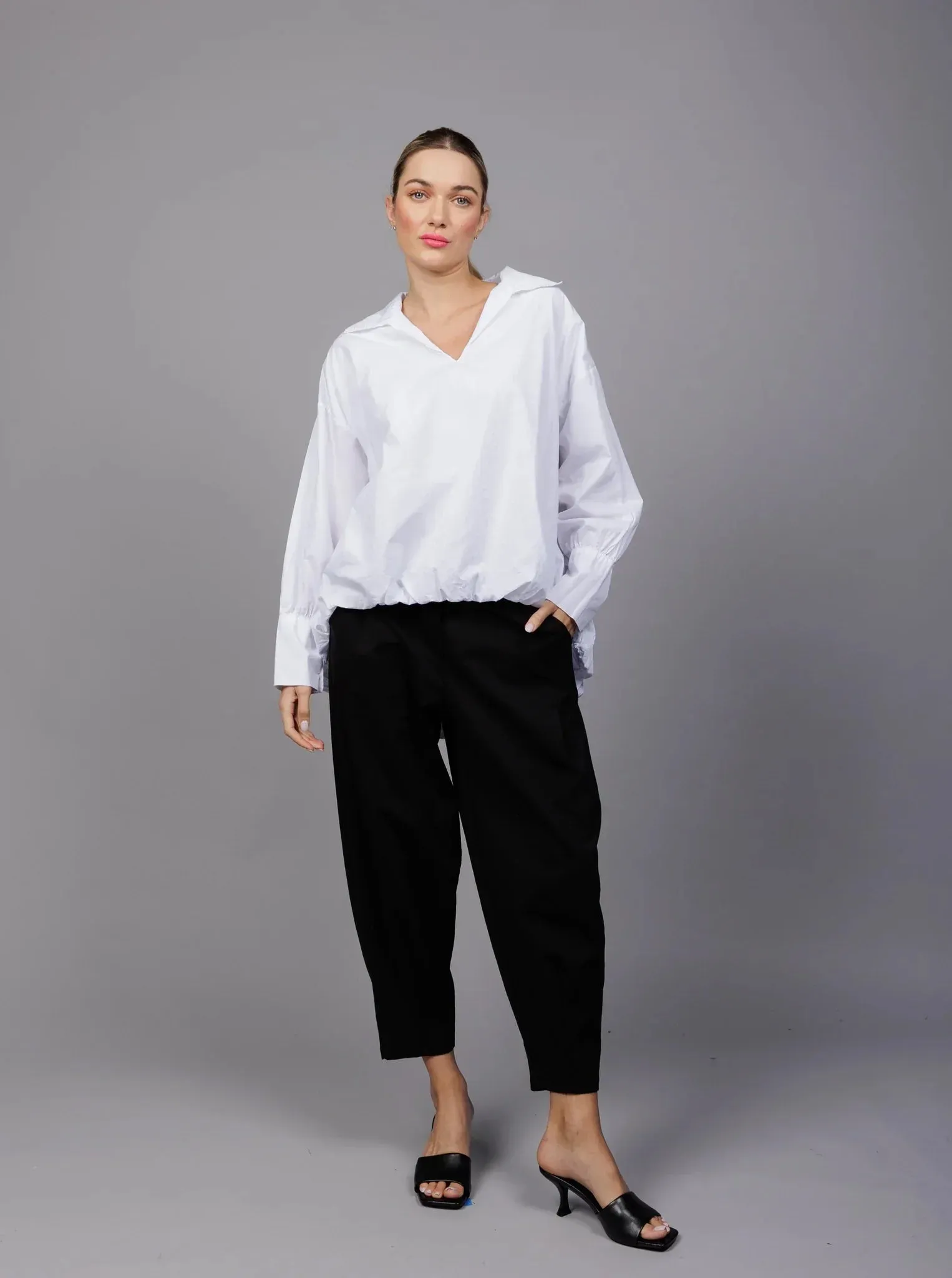 Paolo Tricot, SM5557 Collared Pull On Blouson Shirt White