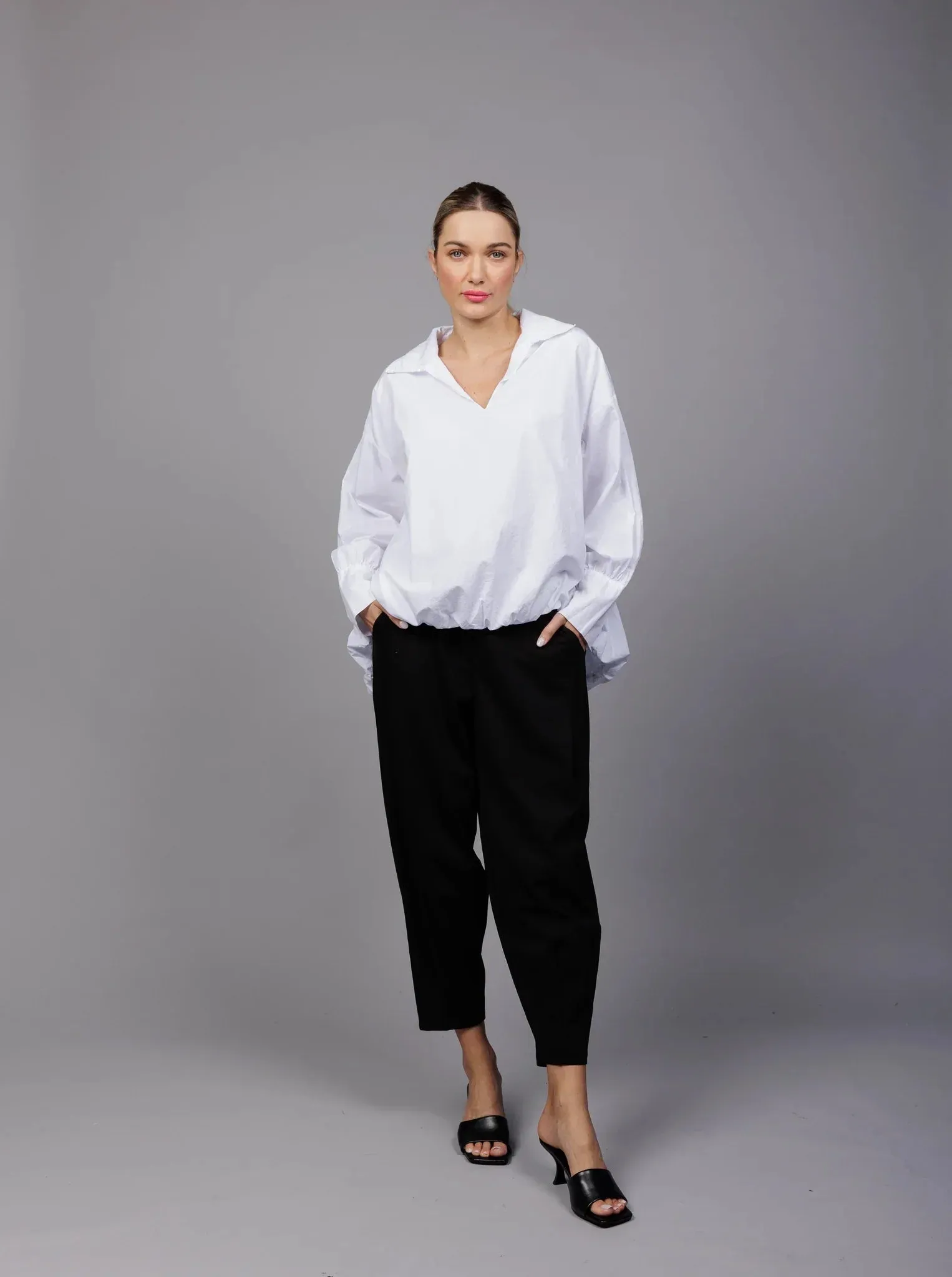 Paolo Tricot, SM5557 Collared Pull On Blouson Shirt White
